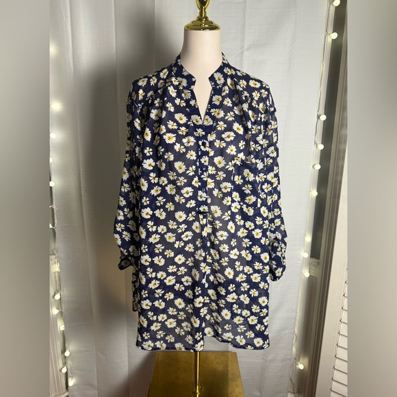 Truth Tops - Truth Blue and White Blouse Sheer Floral Top